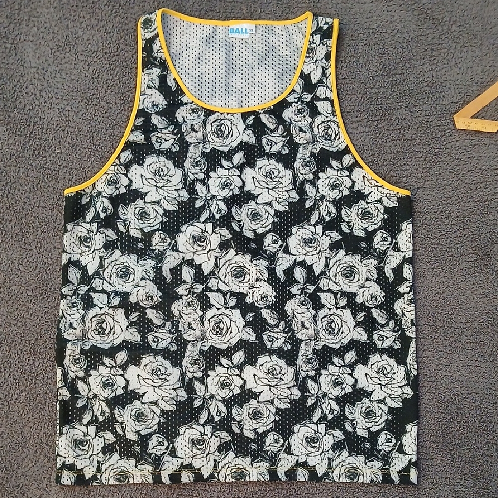 Floral Black and White Tank Top with Yellow Trim